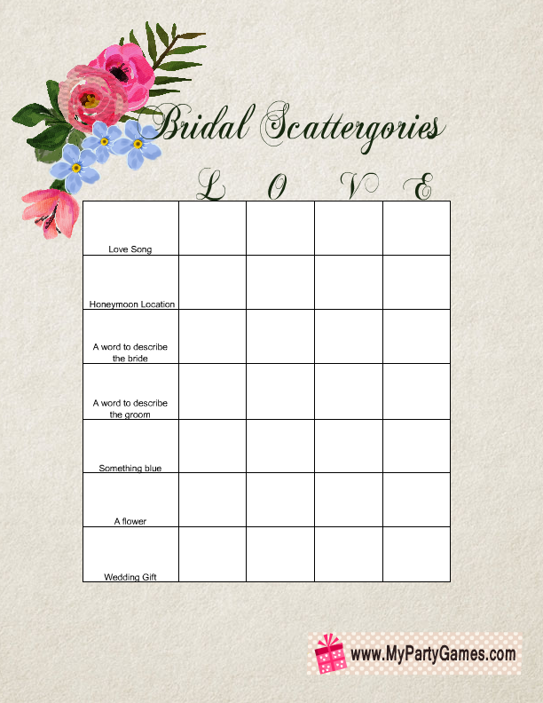 Bridal Shower Scattergories Free Printable Game Bridal Shower Scattergories Free Printable Game