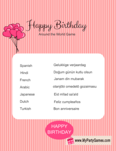 Happy Birthday Around the World Game in Pink Color