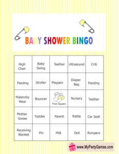 Free Printable Baby Shower Words Bingo Game in Yellow Color