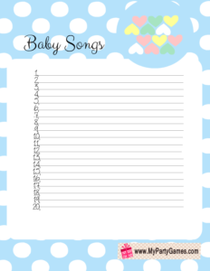 Free Printable Baby Songs Game Card with Polka Dots in Blue Color