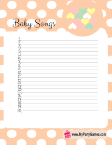 Free Printable Baby Songs Game Card with Polka Dots in Orange Color