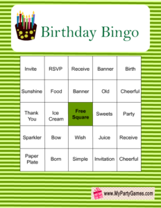 Free Printable Birthday Bingo Game in green color