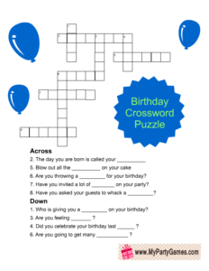 Birthday Crossword Puzzle Game for Kids in Blue Color