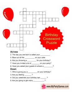 Printable Birthday Crossword Puzzle Game for Kids in Red