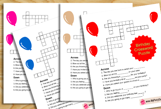 Printable Birthday Crossword Puzzle Game for Kids