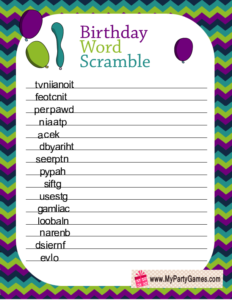 Birthday Word Scramble Game Printable in Peacock Colors