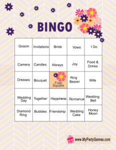 Bridal Shower Words Bingo Game Cards with Purple Flowers