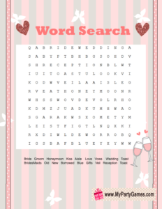 Free Printable Wedding Word Search Game in Pink Color