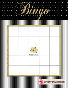 Bridal Shower Gift Bingo Card in Black, White and Gold Colors
