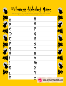 Free Printable Halloween Alphabet Game in Yellow Color