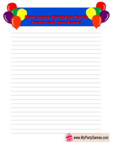 Birthday Party Items Name Game Card in Blue Color