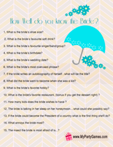 Free Printable How Well Do you Know the Bride Game in Turquoise 