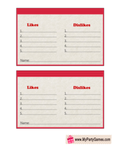 Free Printable Likes and Dislikes Family Reunion Game Cards