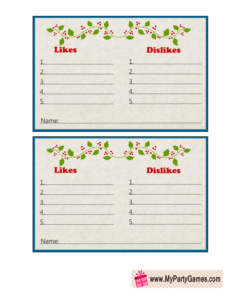 Free Printable Likes and Dislikes Game Cards