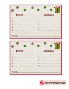 Free Printable Likes and Dislikes Christmas Game Cards