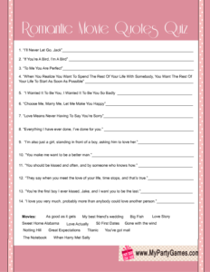Free Printable Bridal Shower Romantic Movie Quotes Quiz 