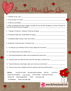 Rustic Bridal Shower Romantic Movie Quotes Quiz Game Card