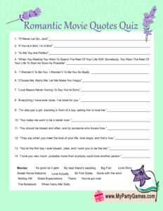 Romantic Movie Quotes Quiz Game Card