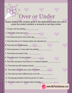 Over or Under Bridal Shower Game Printable in Purple and Taupe Colors