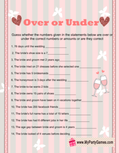 Over or Under Bridal Shower Game Printable in Pink Color