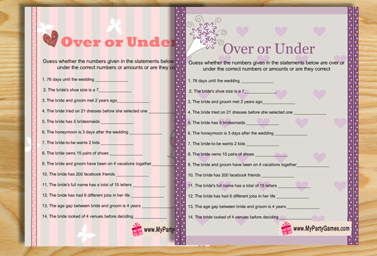 Over or Under Bridal Shower Game Printables