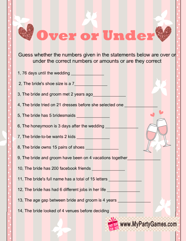 over or under bridal shower game printables