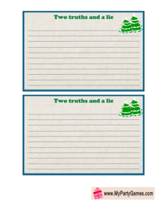 Free Printable Two truths and a Lie Game Cards decorated with Christmas trees