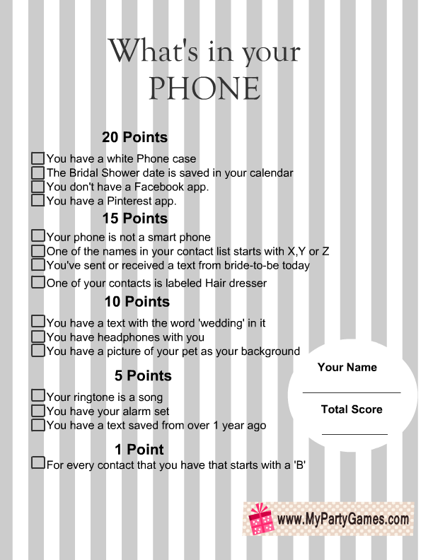 What s In Your Phone Bridal Shower Game