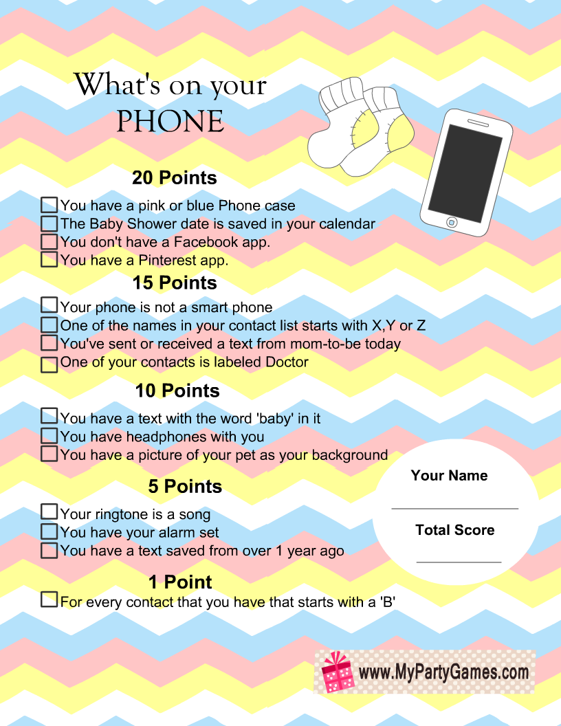 What's on your Phone Baby Shower Game with Chevron Pattern