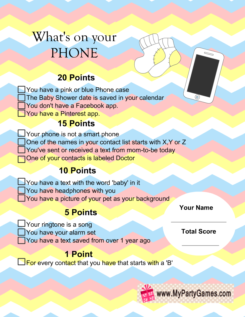 Whats In Your Phone Game - Blue Swash Printable Baby Shower Games