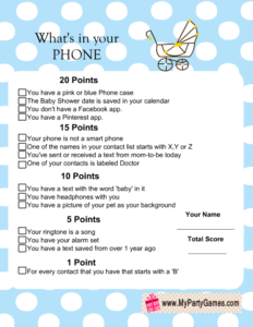 Free Printable What's in your Phone Baby Shower Game Blue