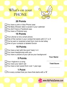 What's on your Phone Baby Shower Game in Yellow Color