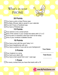 What's in your Phone Baby Shower Game in Yellow Color
