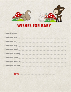 Free Printable Wishes for Baby Cards featuring woodland Animals
