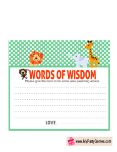 Words of Wisdom Cards Printable for Jungle Safari Baby Shower