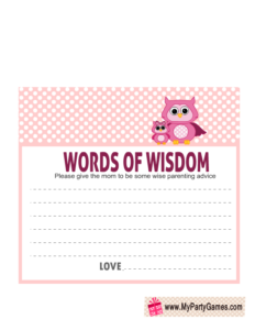 Words of Wisdom Cards for Owl Baby Shower in Pink Color
