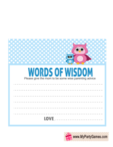 Words of Wisdom Cards for Owl Baby Shower in Blue Color