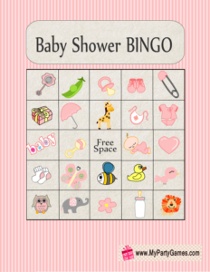 Free Printable Baby Shower Picture Bingo Game Cards in Pink Color