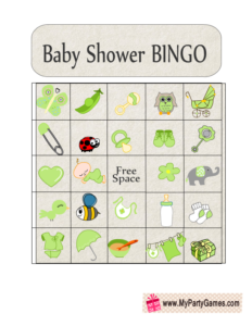 Baby Shower Picture Bingo Game Cards in Green Color