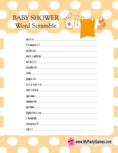 Baby Shower Word Scramble Game in Orange Color