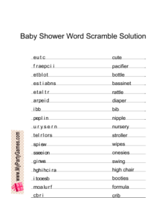 Baby Shower Word Scramble Answer Key