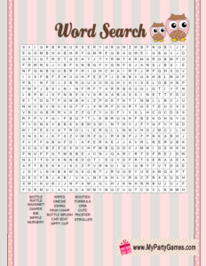 Baby Shower Word Search Game Printable featuring Owls Pink