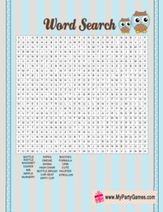 Baby Shower Word Search Game Printable featuring Owls Blue