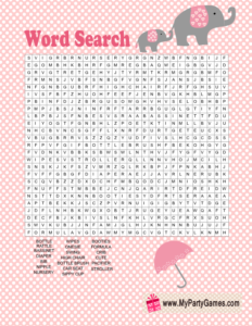 Baby Shower Word Search Game featuring Elephants in Pink Color