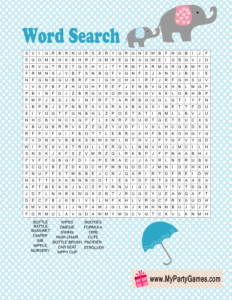 Baby Shower Word Search Game featuring Elephants in Blue Color