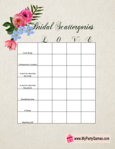 Scattergories Game for Bridal Shower