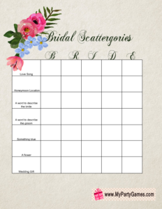 Printable Scattergories Game for Bridal Shower