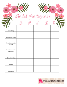 Free Printable Bridal Shower Scattergories Game using the word Bride