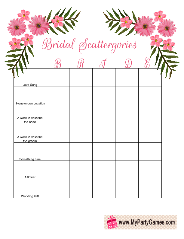 Bridal Shower Scattergories Free Printable Game