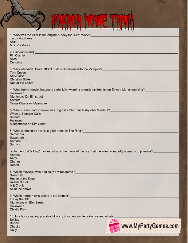 Free Printable Horror Movie Trivia Quiz